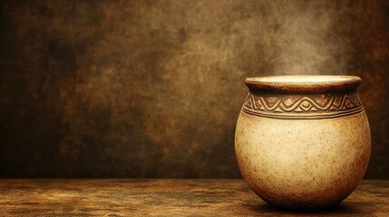 A pot with steam coming out of it sitting on a table