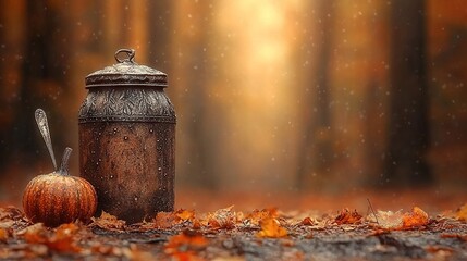 A small pumpkin sitting on the ground next to a metal container