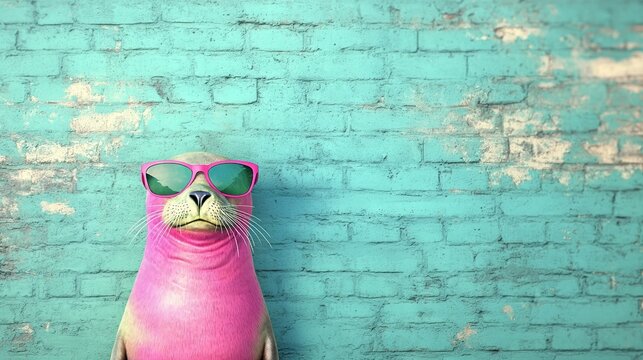 A seal wearing pink sunglasses standing in front of a brick wall