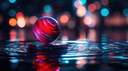 A red and blue sphere floating on top of a pool of water