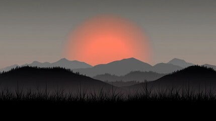 A sunset over a mountain range with grass in the foreground