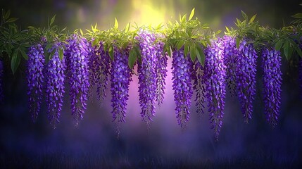 A bunch of purple flowers hanging from a tree