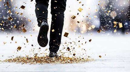 A person walking through a lot of gold confetti