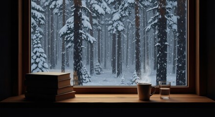 Cozy winter scene through window with snow falling on forest and books
