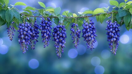 A bunch of purple flowers hanging from a tree branch