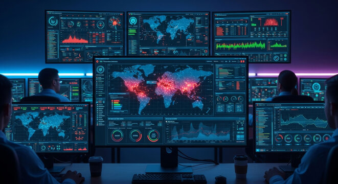 Global data analysts monitor complex digital network displays in a futuristic control room.