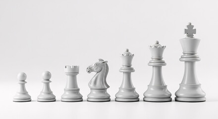 Chess pieces arranged in ascending order isolated on white background for business concept