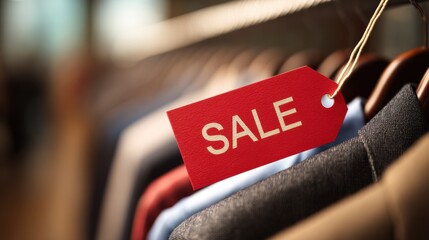 Red sale tag hangs on clothing rack with blurred background.