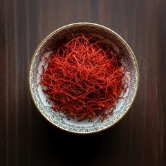 Premium Saffron Threads in Decorative Bowl Overhead View.
