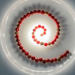 Red Beads Arranged in a Perfect Spiral on a White Plate.