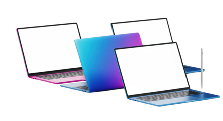 Three sleek modern laptops with vibrant gradient finishes and white screens, a minimalist stylus, on a transparent background, tech product concept of sophisticated minimalism.