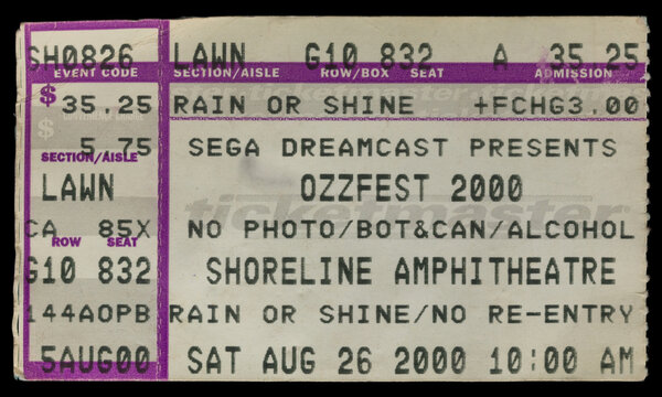 Mountain View, California - August 26, 2000 - Old used ticket stub for the Ozzfest 2000 music festival at the Shoreline Amphitheatre.