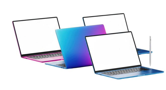 Three sleek modern laptops with vibrant gradient finishes and white screens, a minimalist stylus, on a transparent background, tech product concept of sophisticated minimalism.