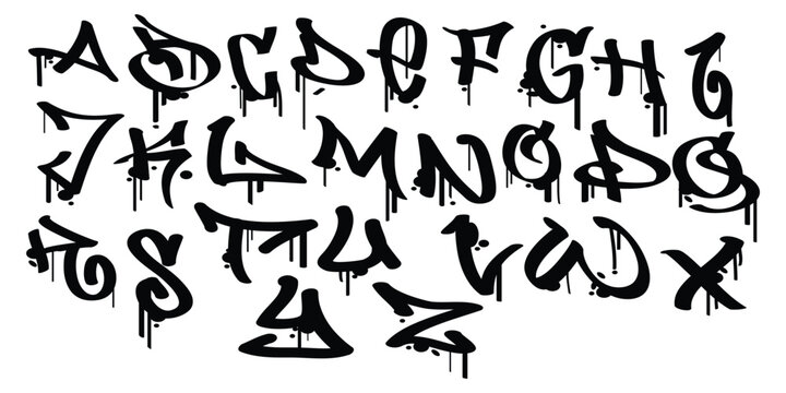 Graffiti dripping full alphabet letters street art style font vector set design
