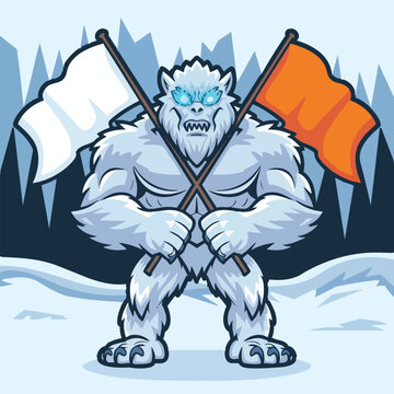 Fierce white yeti monster with snow covered mountains in the background