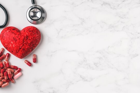 Red textured heart, stethoscope and scattered red capsules on white marble background.
