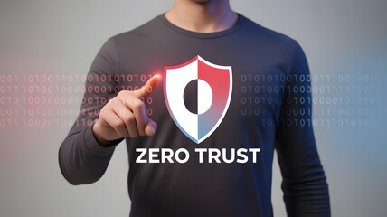 Zero trust security concept. Identity and device verification. Person touching zero trust icon for business information security network.