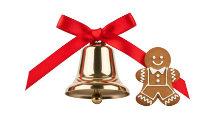 Golden christmas bell with gingerbread man isolated on transparent background