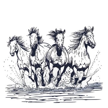 Dynamic illustration of four wild mustangs running through water with splashes and energy
