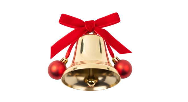 Golden christmas bell with red bow isolated on transparent background