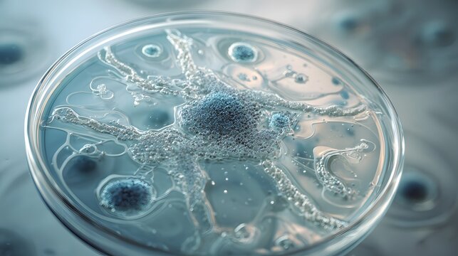 Close up view of cells growing in a petri dish in a laboratory for scientific research use