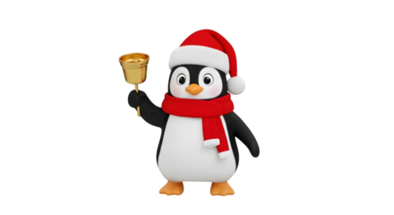 Cute christmas penguin holding a bell isolated on transparent background