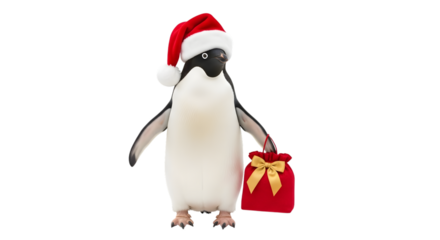 Cute penguin wearing santa hat holding gift bag isolated on transparent background