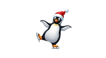 Fototapeta premium Cute cartoon penguin wearing santa hat ice skating isolated on transparent background