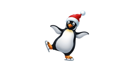 Cute cartoon penguin wearing santa hat ice skating isolated on transparent background