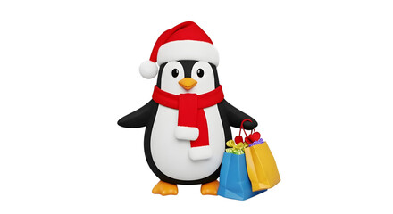 Cute christmas penguin holding shopping bags isolated on transparent background