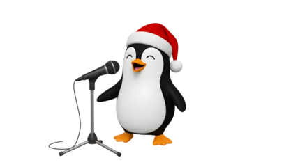 Cute penguin wearing santa hat singing into microphone isolated on transparent background