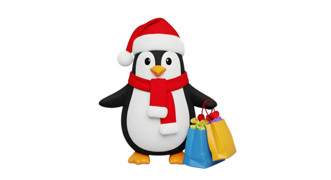 Cute christmas penguin holding shopping bags isolated on transparent background