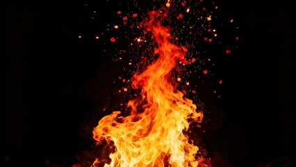 Intense yellow and orange flames rise upward against a completely dark background with scattering embers.