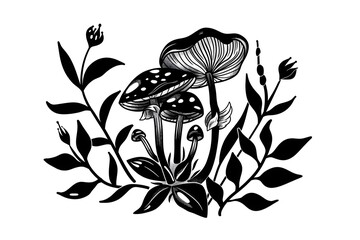 Vector illustration of mushrooms with botanical elements in a tattoo style design
