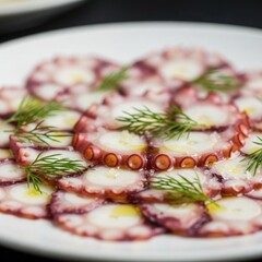 Thinly Sliced Octopus Carpaccio Appetizer with Fresh Dill Garnish.