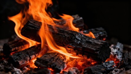 Intense orange flames engulf charred wood logs burning brightly in the darkness