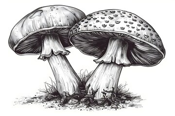 Detailed vector illustration of mushrooms in tattoo style showcasing intricate textures and design