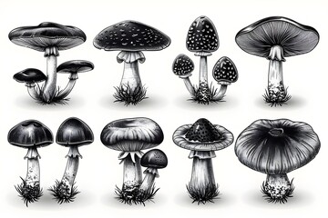 Vector illustration of various mushrooms in tattoo style with intricate details and textures