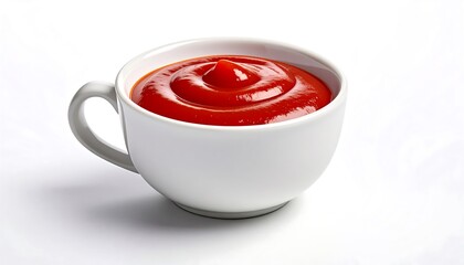 Close-up of Ketchup in a White Cup on White Background.