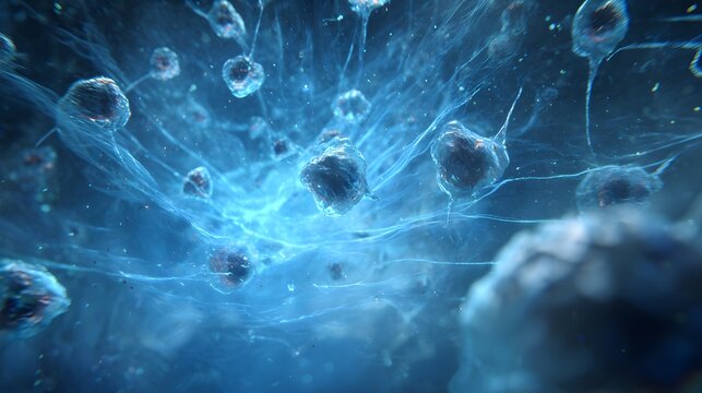 Abstract blue background with cells and web like structures floating in the space around them