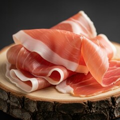 Thinly Sliced Prosciutto Ham on a Wooden Board.