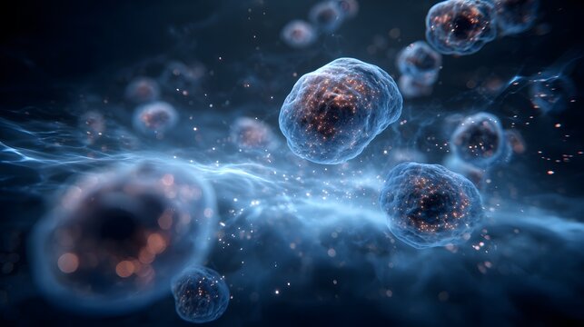 A microscopic view of cells floating in a blue liquid with small particles surrounding them in the dark - Powered by Adobe