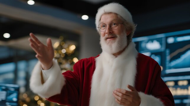 Santa presenting quarterly results on a holographic screen to a smiling office team surrounded by Christmas décor — representing business celebration, innovation, and positive team culture under