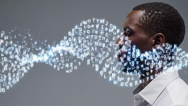 Profile view of an african american man breathing a cloud of glowing animated letters, symbolizing concepts like communication, technology, artificial intelligence, and the power of words