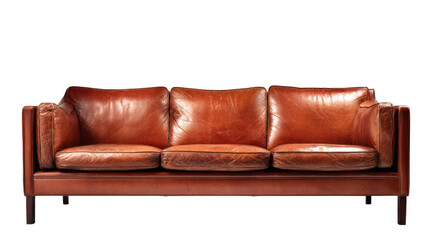 Brown leather sofa with soft cushions showing elegant interior furniture piece and modern home decor style on white background