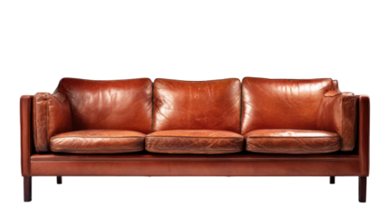 Brown leather sofa with soft cushions showing elegant interior furniture piece and modern home decor style on white background