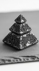 Three Stacked Geometric Pyramids with Intricate Lattice Design.