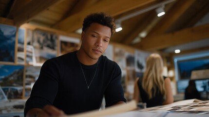 Candid shot of art director arranging mood boards and digital mockups in a vibrant studio lit by natural and artificial lights — representing creative process documentation, innovation-driven