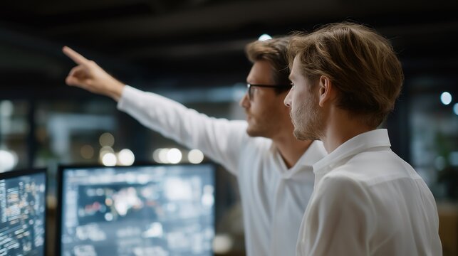 Over-the-shoulder view of clients pointing at holographic projections of investment options while advisor guides remotely — representing technology-enabled financial literacy, collaborative