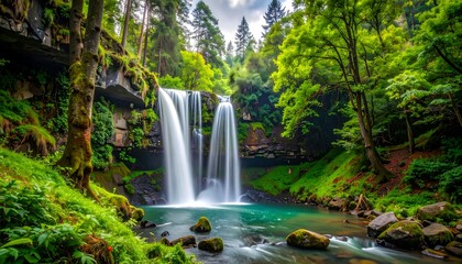 Majestic Waterfall Cascading into a Turquoise Pool in Lush Forest.